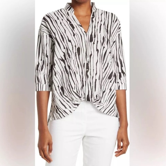 Patrizia Luca Tops - Patrizia Luca Cotton Gathered Front Hi-Lo Top White & Black Women’s Sz M/L NWOT